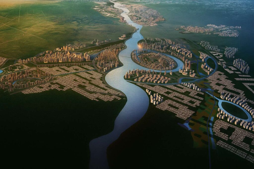 Artistic impression highlighting the scale and debates around Ravi City’s riverfront transformation.