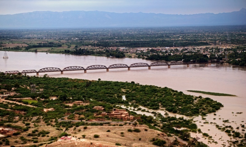 Aerial view of the Indus River flowing through Mianwali, Pakistan, where the Kala Bagh Dam was planned.
