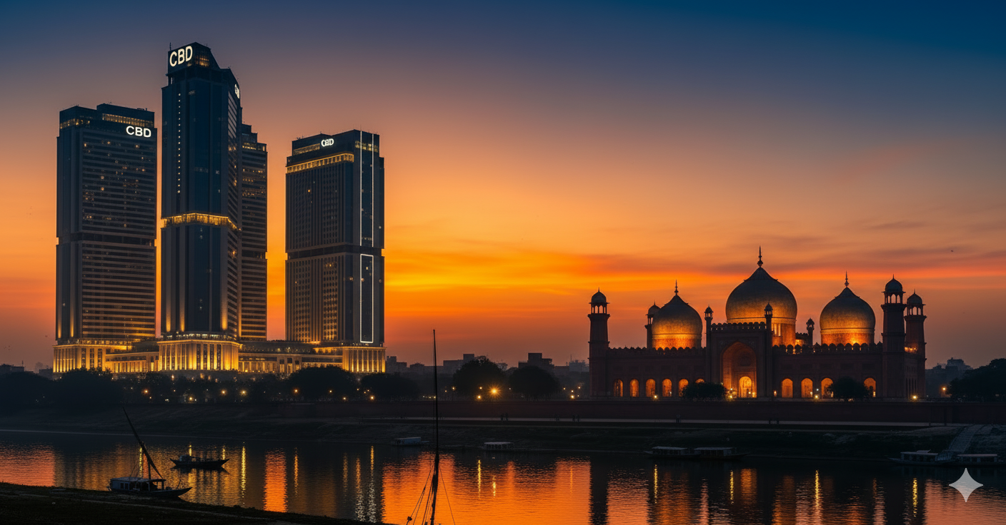 Panoramic view of Lahore with Badshahi Mosque in foreground and CBD skyscrapers in the backdrop