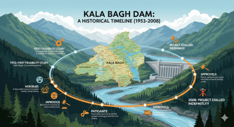 Visual infographic of Kala Bagh Dam’s historical milestones from 1953 inception to 2008 shelving.