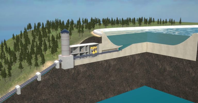 3D visualization of a hydroelectric dam structure, showing spillways and power generation facilities.